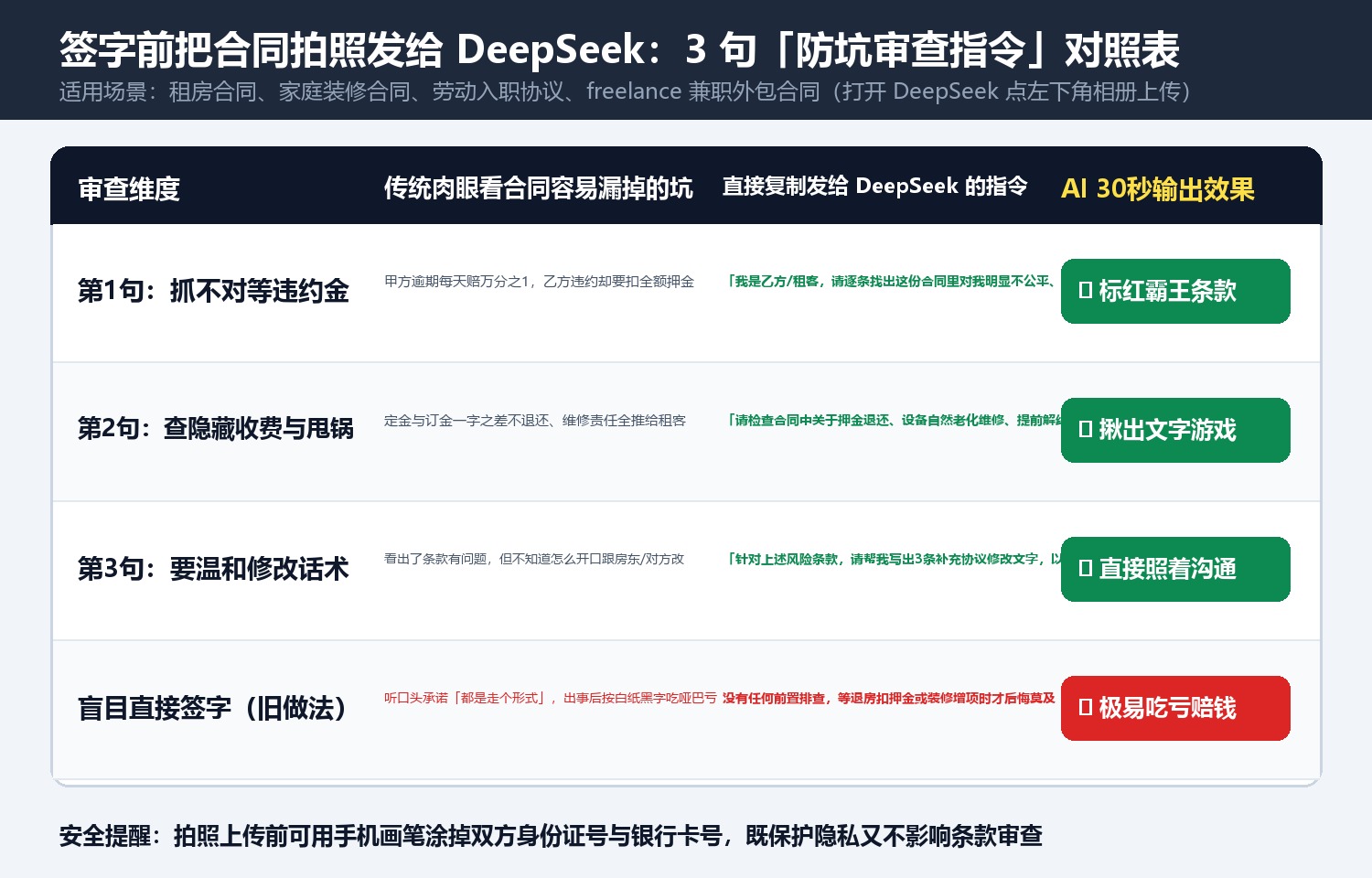 3句指令让DeepSeek帮你揪出合同4大隐形陷阱