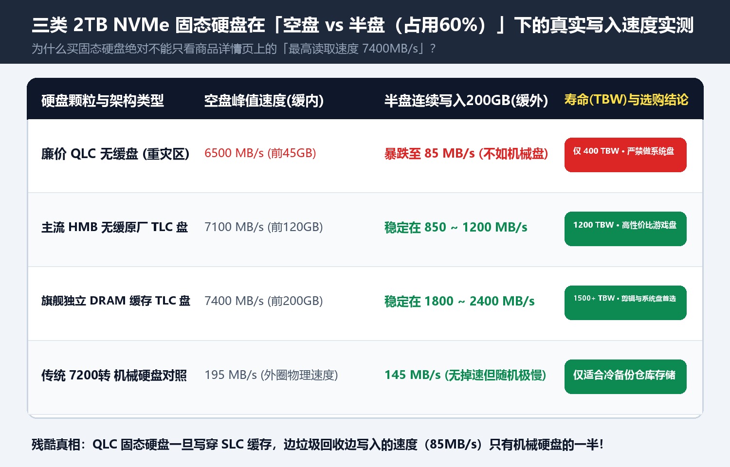 三类 2TB NVMe 固态硬盘在「空盘 vs 半盘（占用60%）」下的真实写入速度实测