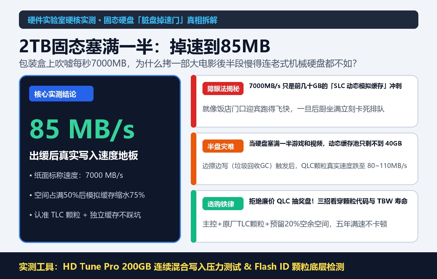 2TB固态硬盘塞满一半后：实测写入速度从7000MB暴跌到85MB，连机械硬盘都不如